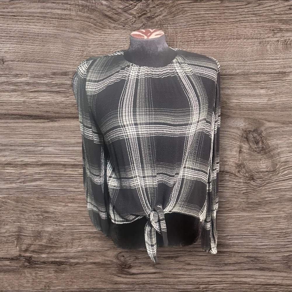 Bella Dahl Monochrome Black Gray Plaid Long Sleeve Top Knotted Size XS